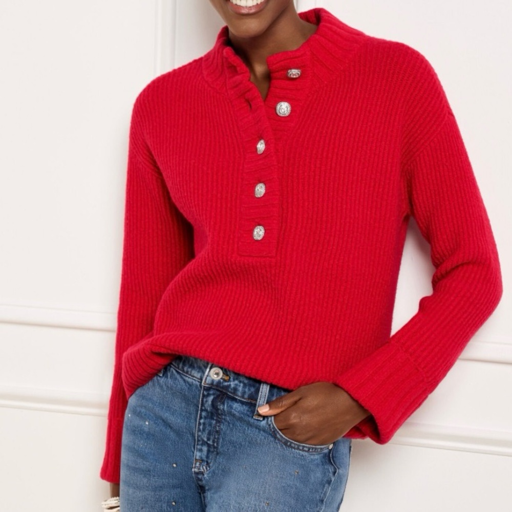 NWT Talbots Red Ribbed Jewel Half Button-Up Sweater SP
